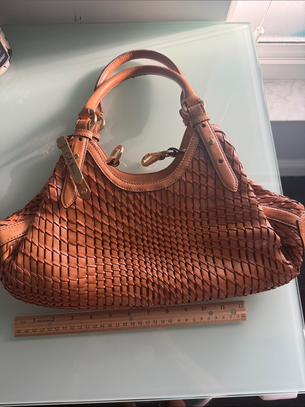 Cole Haan Woven Tan Leather Shoulder Bag with Gold-Tone Chain - Picture 9 of 15